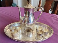 Silver-plated tea pot, tray and cups