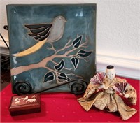 Decorative bird plate, oriental box and doll