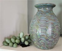 Nice glass colored vase and grapes approx 9