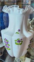 Ruffled edge glass vase with hand painted flowers