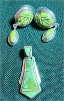 Sterling silver earrings and pendant in green