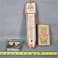 Old Paper Weight, 1916 Calendar, & Thermometer