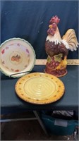 Plate, pie plate and rooster cookie jar has chip