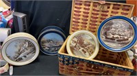 4) currier and Ives tins & basket