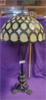 RESIN-STAINED GLASS LAMP SHADE W/ CAST IRON BASE