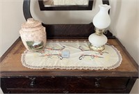 Cookie Jar, Lamp & Hand Stitched Piece On Dresser