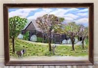 Folk Art Landscape with Sheepdog Oil on Board.