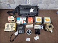 Vintage reels, camera bag, projector lamps etc