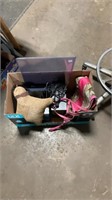 Box lot purse, metal rack, pillow etc