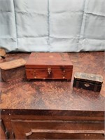 3 Vintage wood and tin trinket boxes and content