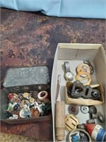 Metal tin of button, vintage watches and more