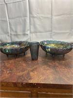 2 Carnival Glass Fruit Bowls and glass