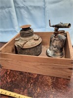 Vintage heater, blow torch and wood box