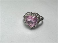 Pink Heart Silver Tone CZ Ring