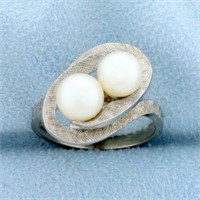 Vintage Double Cultured Pearl Ring in 10K White Go