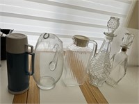 THERMOS, 2 GLASS PITCHERS, 2 GLASS DECANTERS WITH
