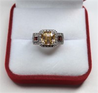 Sterling Citrine & Garnet Art Deco Style Ring