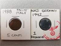 WWII Germany 1 Pfennig & Italy 5 Cent Piece