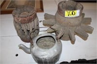 Wagon wheel hubs & old metal tea pot