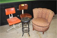 2 office chairs, barrel chair & metal stool