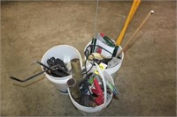 3 buckets fishing rod holders, ice cleats, drills,