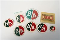 GROUP OF ASSORTED B-A PATCHES, STICKERS AND GLASS