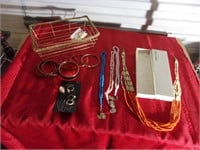 Assorted Cosmetic jewelry and gold basket