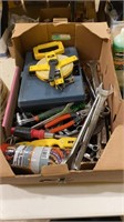 Box lot of tools including wrenches, C clamp,