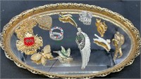 Vintage jewelry includes brooches. Tray not