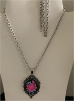 Pink rose cameo Silverton pendent with chain