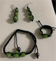 Green crystal ring, earrings and bracelet