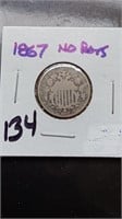1867 Shield Nickel No Rays