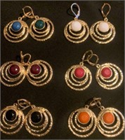 Six Pair Pierced Earrings Gold Tone with Color