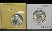 1944-S & 1947-D Washington Silver Quarters Gem BU