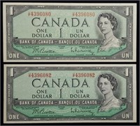 2 Gem Unc 1954 Canada $1 Bank Notes Crisp