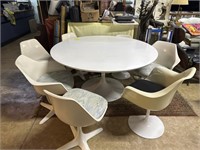 Modular white pedestal dining table & 7 dining