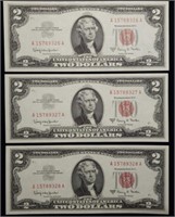 3 Sequential 1963 A $2 Red Seal Notes GEM CU