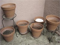 Eight Clay Pots With 2 Meta Stands - See Info