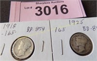 1918 and 1925 Mercury silver dimes