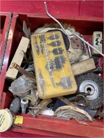 Craftsman metal box, wood bits  and contents