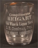 Scarce Reigart Barrel-Shaped Clear Shot Glass.