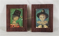Vtg Painted Boy & Girl Wood Plaques
