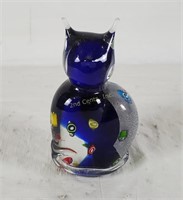 Art Glass Cat With Fish Paperweight