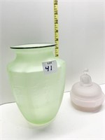 12" H FROSTED GREEN VASE W/ DESIGN AND PINK SATIN