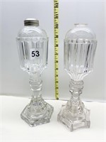 TWO VINTAGE OIL LAMPS ETCHED DESIGN ON ONE