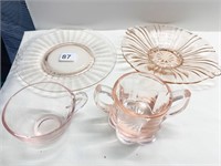 PINK DEPRESSION BOWL, PLATE, DOUBLE HANDLE SUGAR,