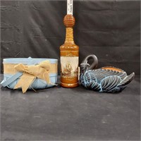 Leather wrapped decanter, Claire Burke swan,basket