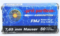 50 Rounds of Prvi Partizan 7.63mm Mauser Ammo