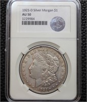 RGS AU 50 1921-D Silver Morgan Dollar