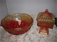Vtg Amber Orange Carnival Glass Candy Dish, Bowl